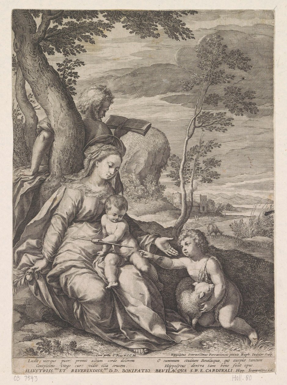 Hellig familie ved et tre med døperen Johannes som barn av Raphaël Sadeler (I)