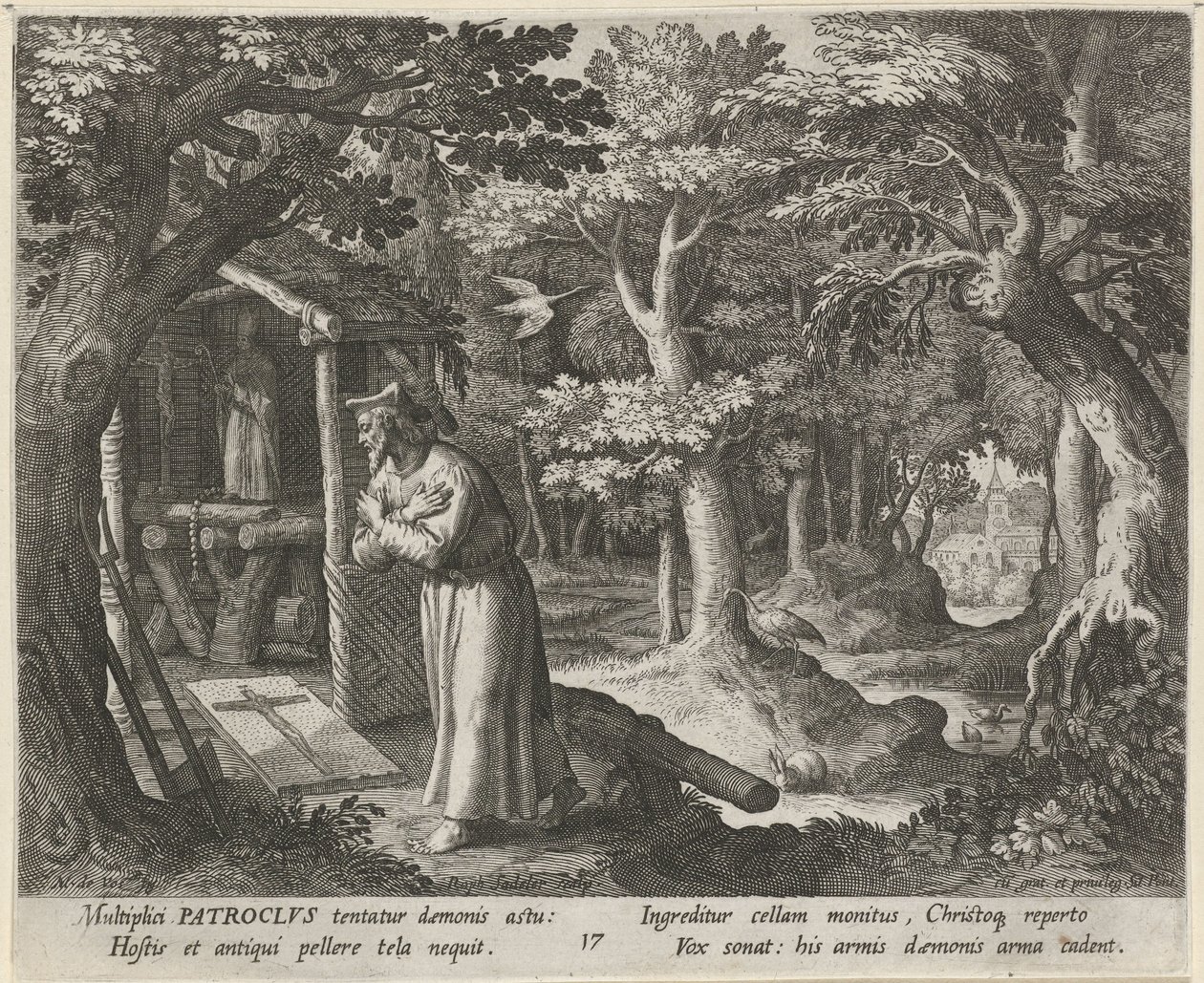 Saint Patroclus av Néris som eremitt The Virtuous Life of Hermits (serietittel) Trophaeum vitae solitariae (serietittel) av Raphaël Sadeler (I)