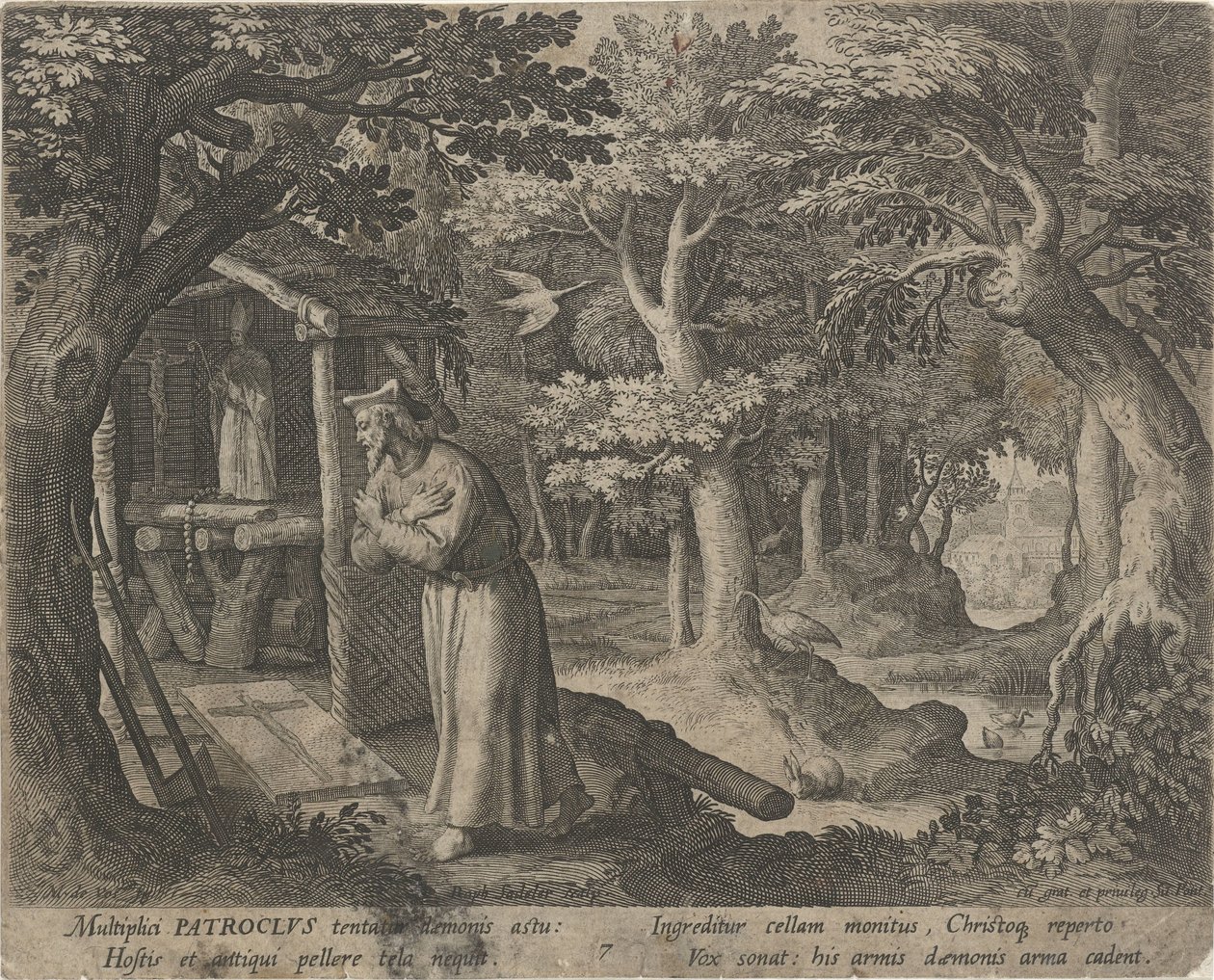 Saint Patroclus of Néris som eremitt Eremittenes dydige liv (serietittel) Trophaeum vitae solitariae (serietittel) av Raphaël Sadeler (I)
