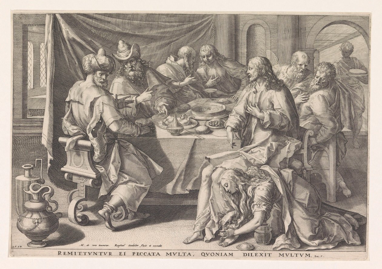 Maria Magdalena vasker Kristi føtter av Raphaël Sadeler (I)