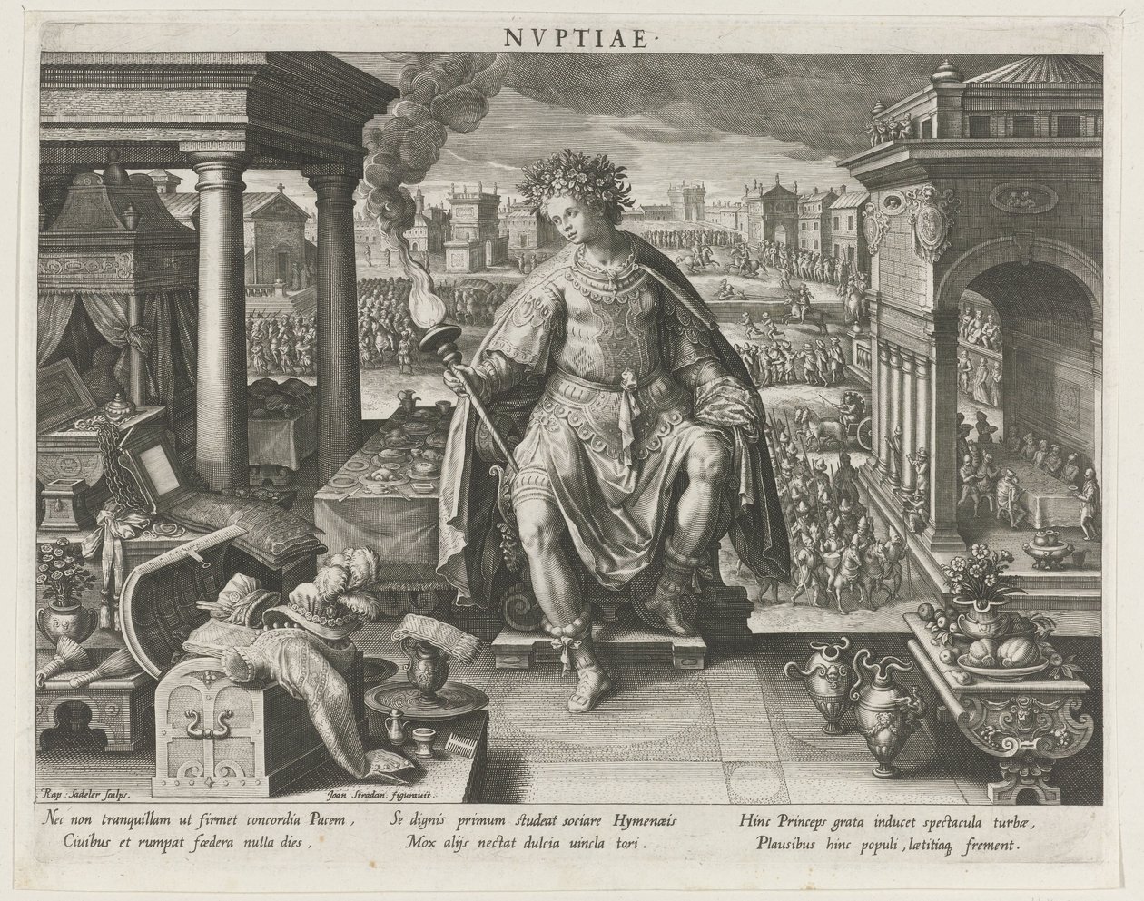 Nuptiae som personifisering av ekteskapet Nvptiae (tittel på objekt) Hovedaktiviteter til en prins (serietittel) Schema, seu speculum principum (serietittel) av Raphaël Sadeler (I)