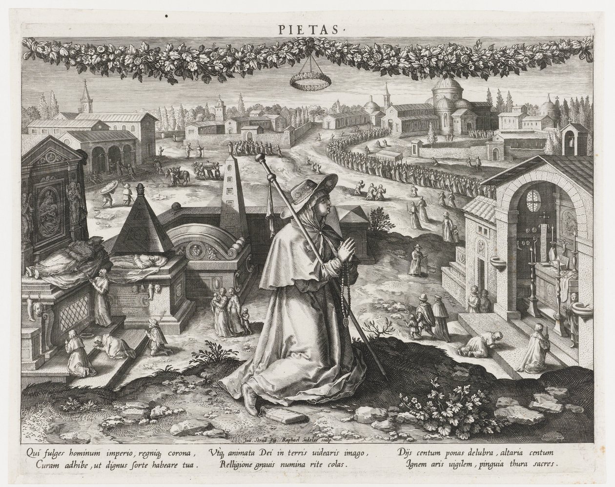 Pietas som personifiseringen av fromhet Pietas (tittel på objekt) Hovedaktiviteter til en prins (serietittel) Schema, seu speculum principum (serietittel) av Raphaël Sadeler (I)