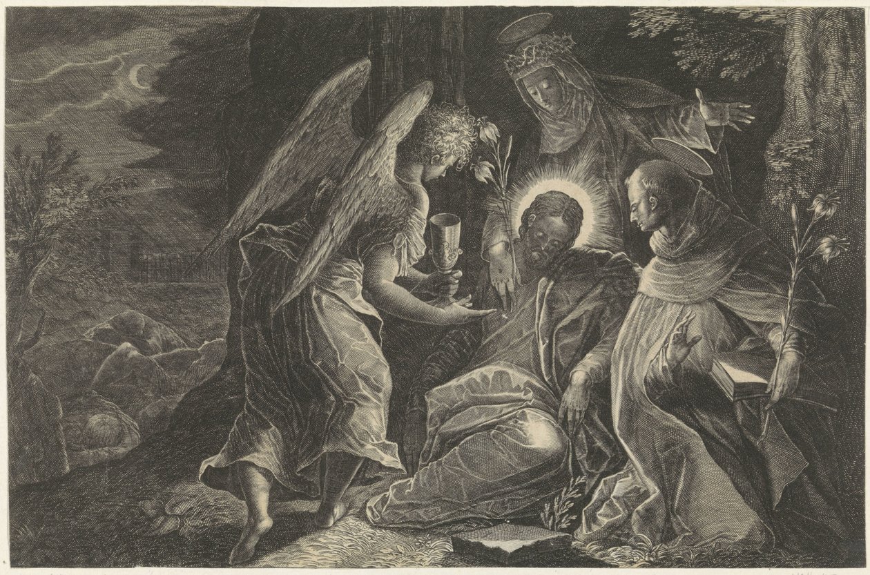 Kristus blir trøstet i Getsemane av en engel, Saint Dominic og Saint Catherine of Siena Lydighetens speil Perfectissimvm Obedientiae Specvlvm (tittel på objekt) Speil av lydighet, kyskhet og fattigdom (serietittel) av Raphaël Sadeler (II)