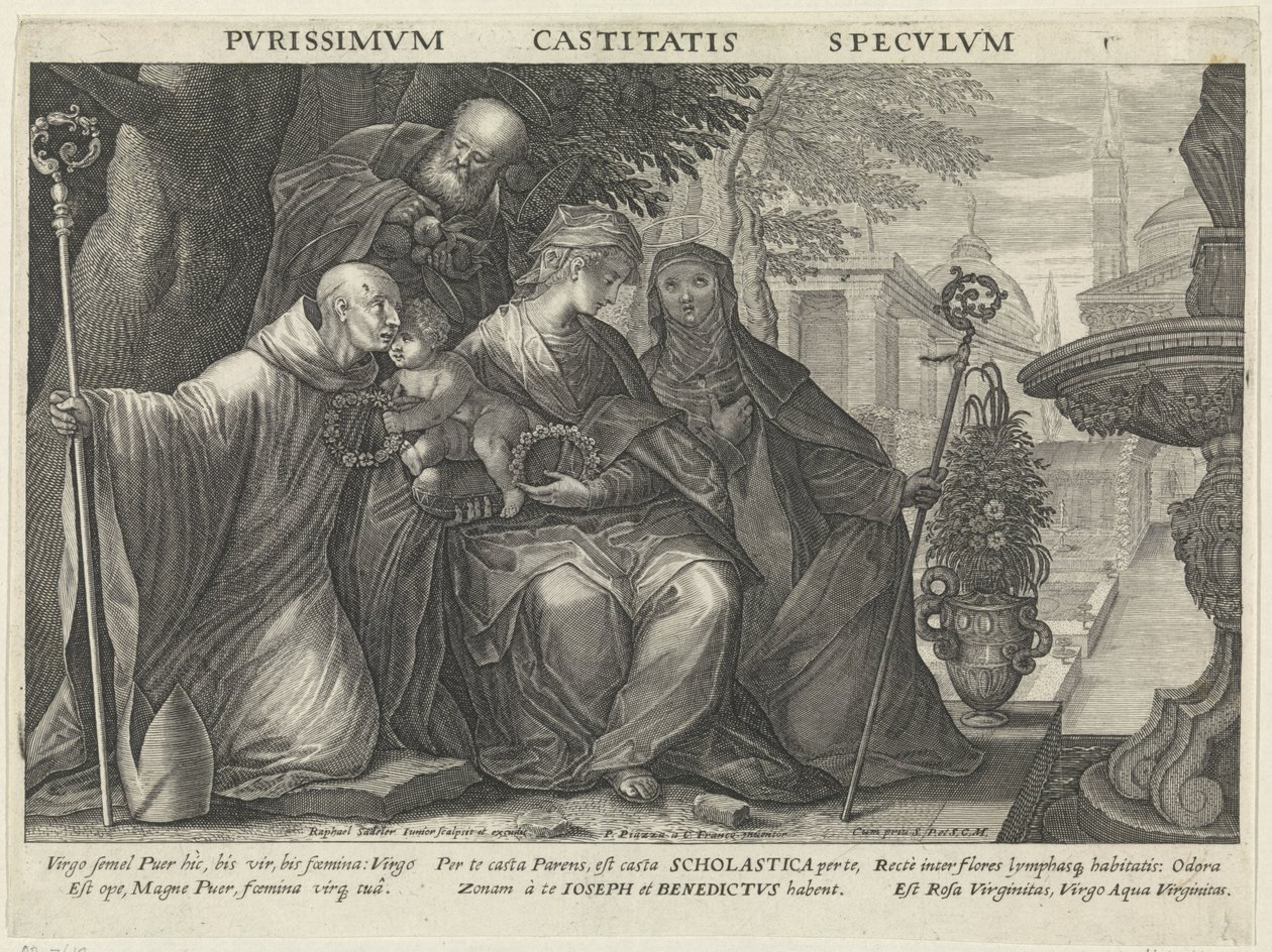 Hellig familie med Saint Benedict og Saint Scholastica Kyskhetens speil Pvrissimvm Castitatis Specvlvm (tittel på objekt) Speil av lydighet, kyskhet og fattigdom (serietittel) av Raphaël Sadeler (II)