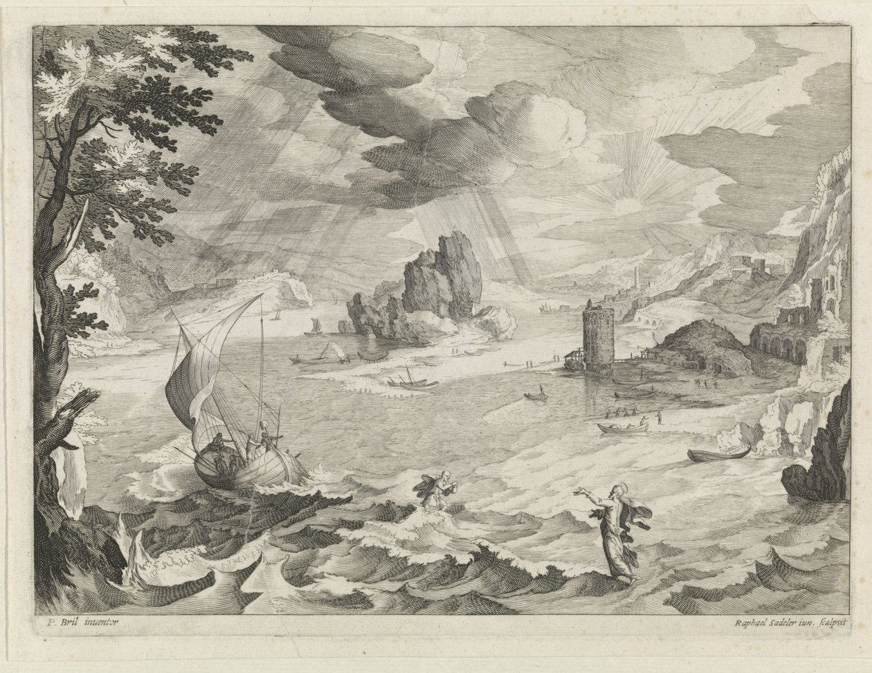 Sjølandskap med Kristus og hans disipler i stormen på Galileasjøen av Raphaël Sadeler (II)