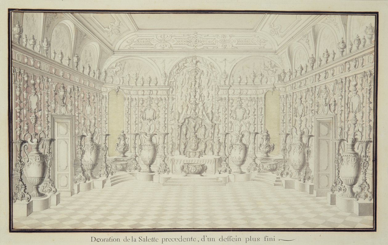 Utstillingsvegg med sølv- og gullvaser i Tower Room i Dresden Palace av Raymond Leplat