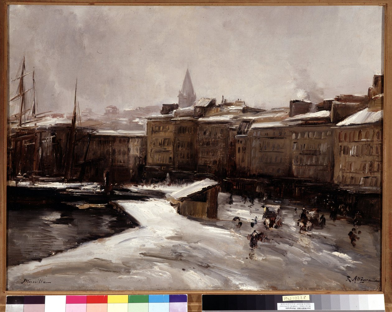 Quai du port, Marseille, under snøen Maleri av Raymond Allegre (1857-1933) Mål 56x74 cm. Obligatorisk omtale: Hilsen de Provence Marseille foundation collection av Raymond Allegre