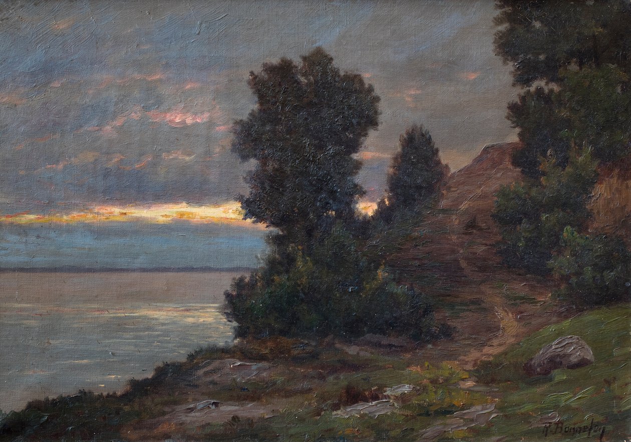 Sti langs Gironde-elvemunningen om kvelden, stormfull himmel (olje på lerret) av Raymond Bonnefon