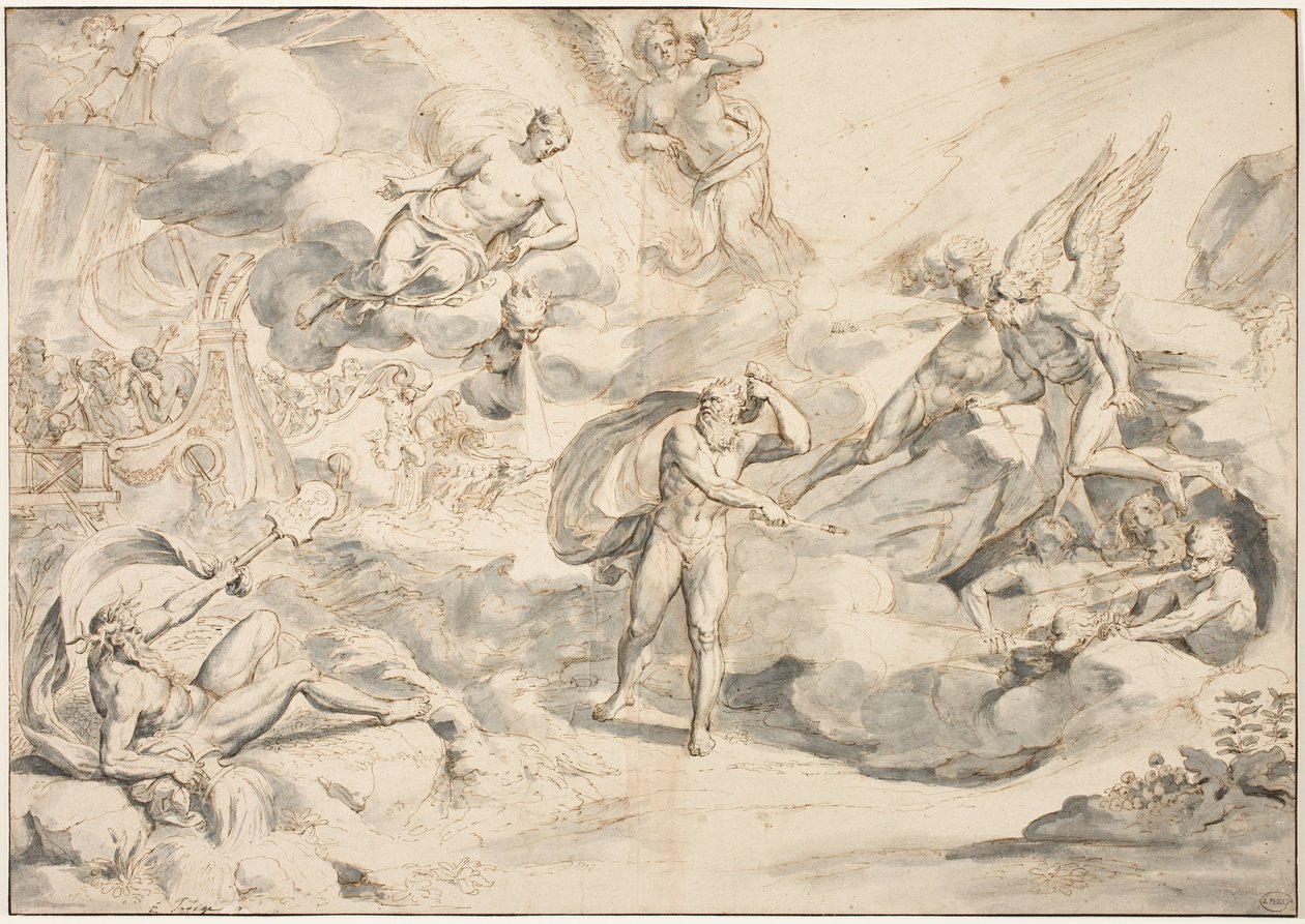 Aeolus adlyder Junos Command to Create a Storm, ca. 1683-84 (penn og blekk med vask på papir) av Raymond Lafage