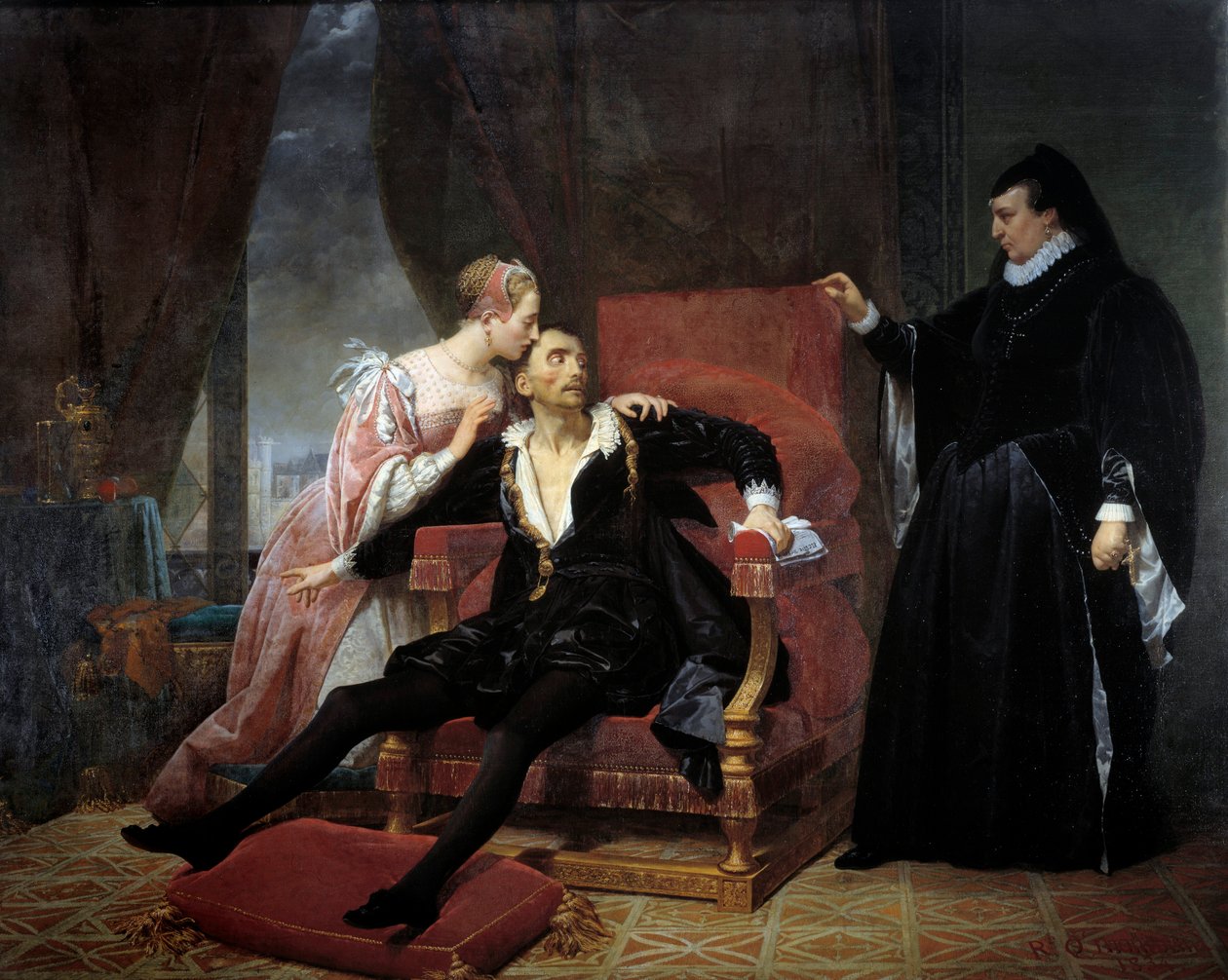 Kong Charles IXs død (1550-1574) Kongen døde av lungebetennelse på slottet i Vincennes, til høyre hans mor Catherine de Medicis (Caterina de Medici). Maleri av Charles Monvoisin (1790-1870) 1834 Søn. 2,32x2,91 m Montpellier, Musee Fabre av Raymond Quinsac Monvoisin