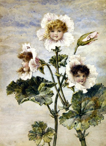 Geranium & Sweet Pea - Blomsterbarn - et par (akvarell og kroppsfarge på papir) av Rebecca Coleman