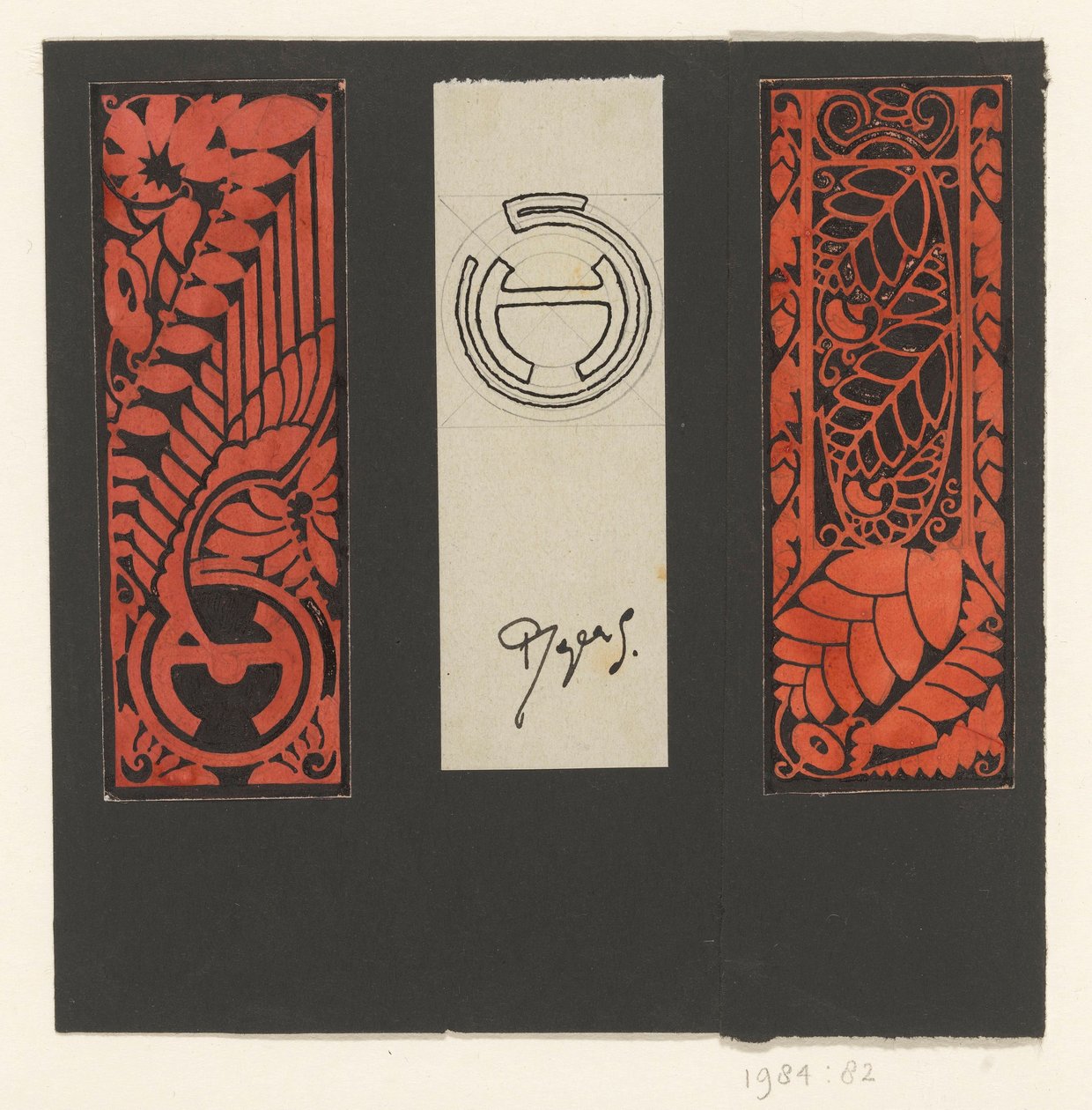 Tre paneler med bladmotiver og symboler av Reijer Stolk (signed by artist)