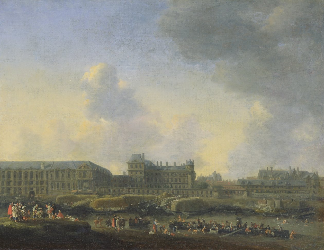 Utsikt over elven Seinen, Louvre og Palais Bourbon, ca. 1655 av Reinier Zeeman