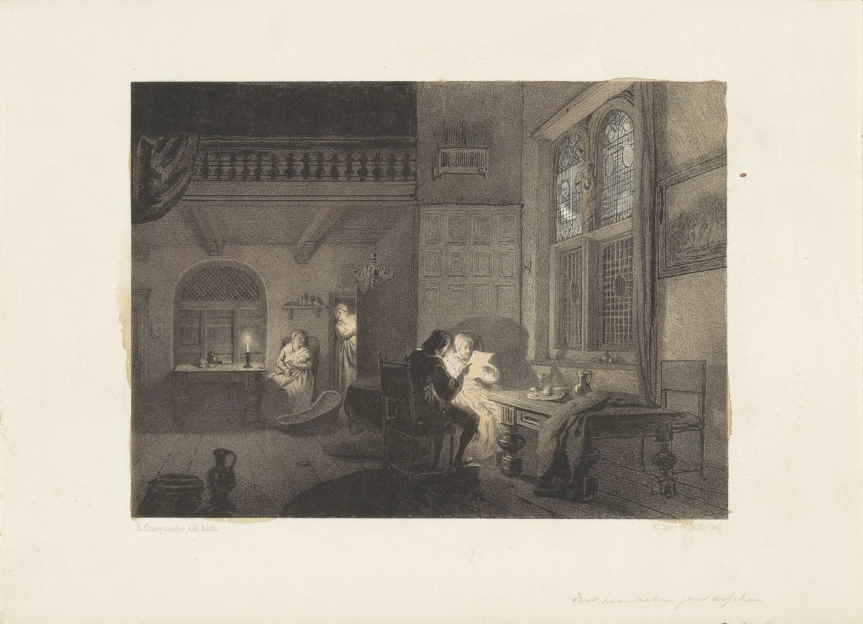 Interiør med figurer ved levende lys av Reinier Craeyvanger