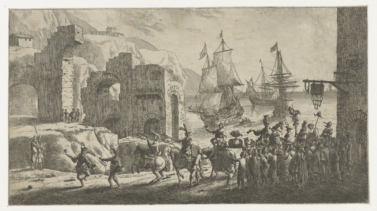 Maskerade ved en havn av Reinier Nooms (attributed to)