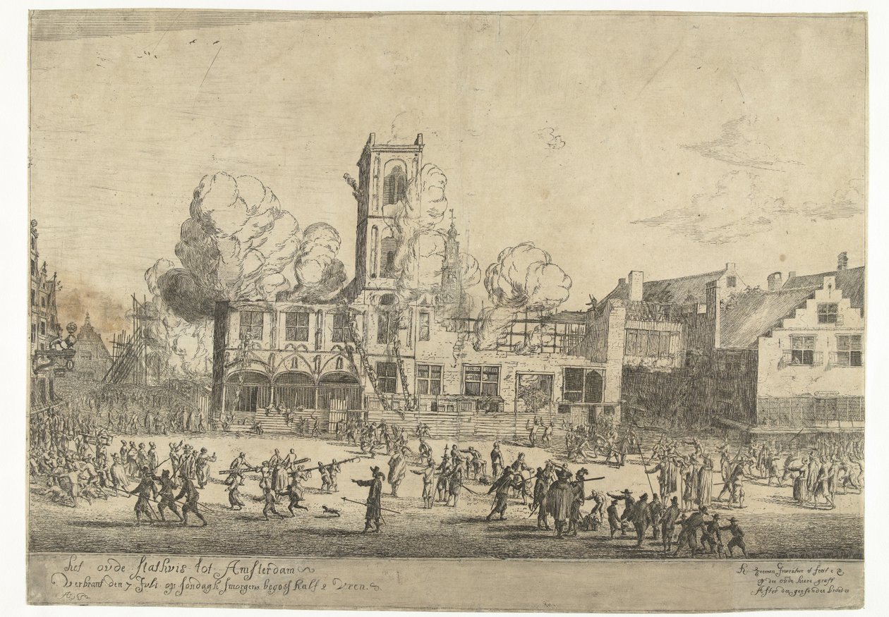 Brann i det gamle rådhuset i Amsterdam Det gamle Stathuis til Amsterdam brant ned 7. juli søndag morgen klokken halv tre Ao 1652 (tittel på objekt) av Reinier Nooms