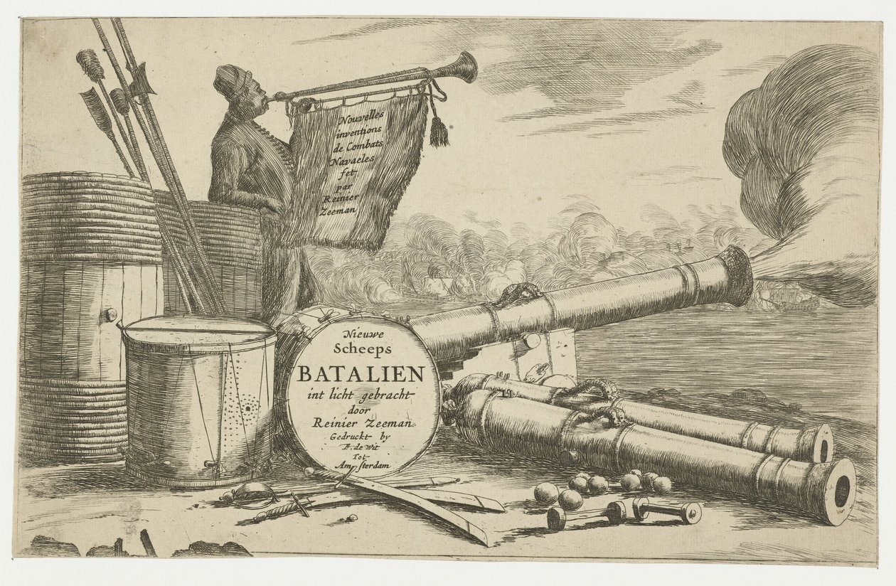 Tittelside med utstyr til et krigsskip og en trompetist Nouvelles innovations de Combats Navaeles av Reinier Zeeman (tittel på objekt) Nieuwe Scheeps Batalien brakt frem i lyset av Reinier Zeeman (tittel på objekt) Nytt skip Batali av Reinier Nooms