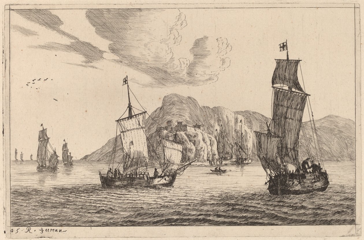 Havnescene med fjellaktig bakgrunn av Reinier Nooms, called Zeeman