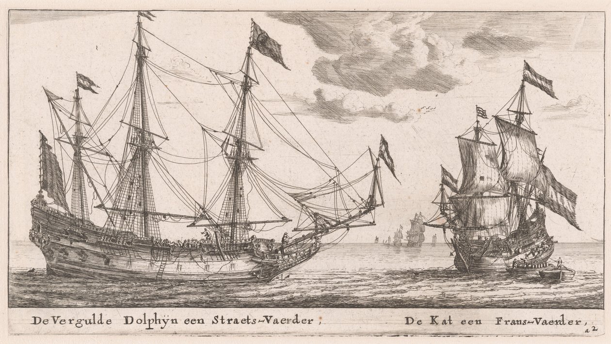 "Vergulde Dolphyn", et stort handelsfartøy, og "Kat", en fløyte av Reinier Nooms, called Zeeman