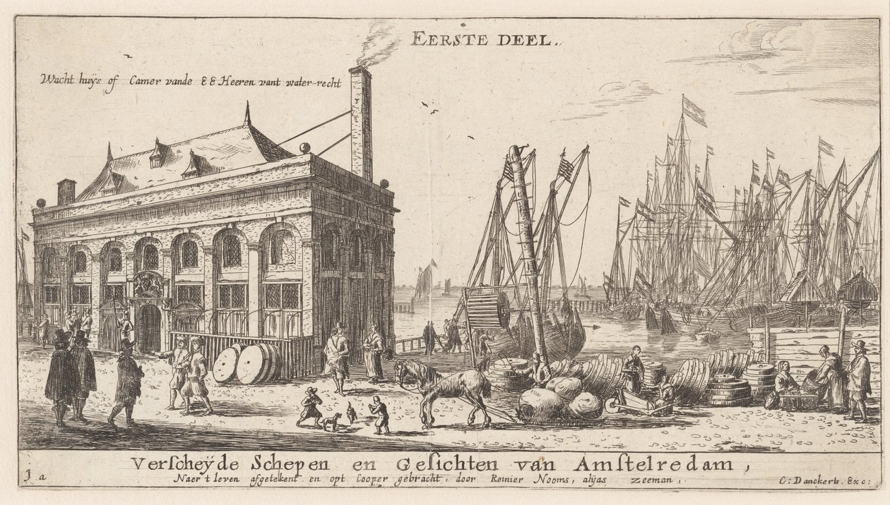 Utsikt over havnen i Amsterdam med kontoret til vannmyndigheten (tittelside) av Reinier Nooms, called Zeeman