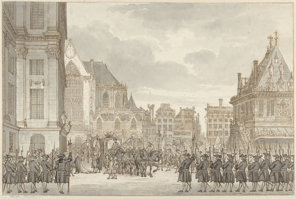 Ankomst av prins William V og Frederica Sophia Wilhelmina av Preussen til rådhuset på Dam-plassen i Amsterdam, 30. mai 1768 av Reinier Vinkeles (I)