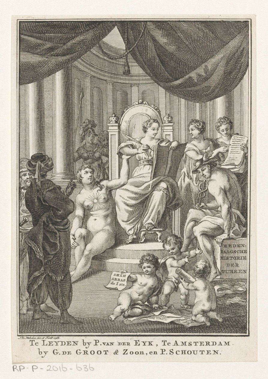 Allegorisk representasjon med historie, sannhet, eldgammel kunnskap og klokskap Tyrkernes samtidshistorie (tittel på objekt) Tittelside for: S.n., Hedendagche historie eller Fortsettelsen av den generelle historie, 1767 av Reinier Vinkeles (I)