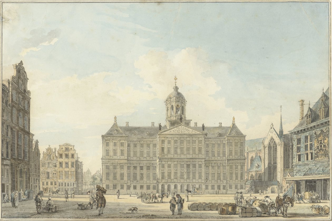 Amsterdam, demningen med rådhuset og Waag av Reinier Vinkeles (I)
