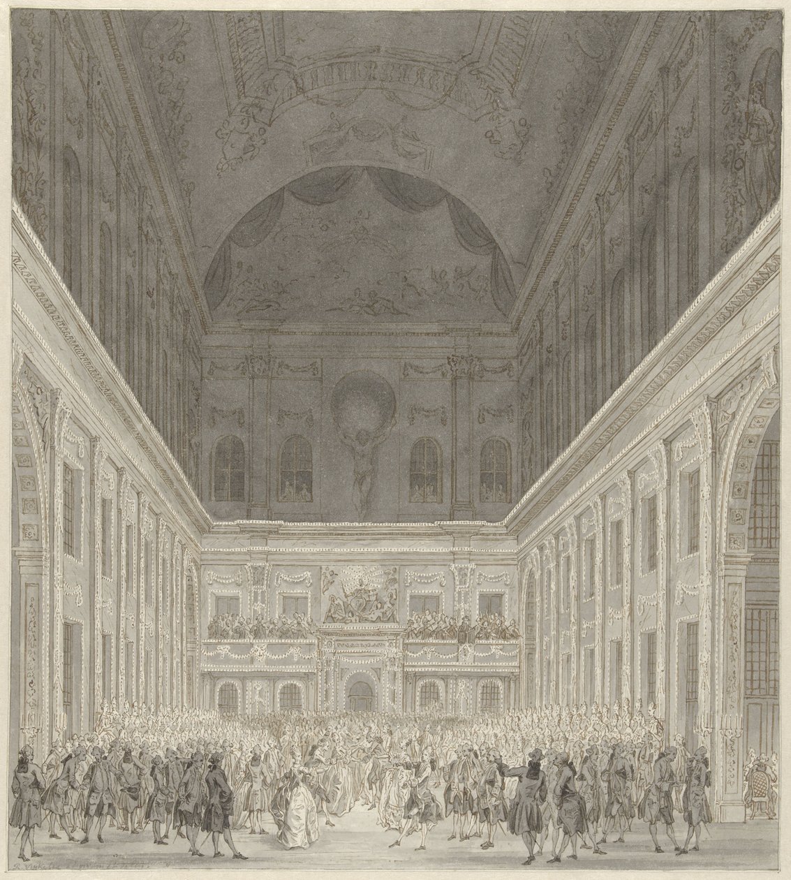 Ball i borgerhallen i rådhuset i Amsterdam til ære for besøket til prins William V og Wilhelmina av Preussen, juni 1768 av Reinier Vinkeles (I)