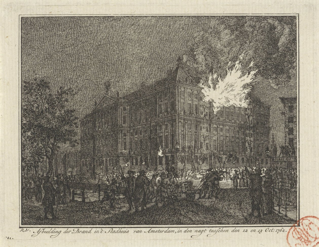 Brann i rådhuset i Amsterdam, 1762 Skildring av brannen i rådhuset i Amsterdam, om natten mellom 12. og 13. oktober: 1762 (tittel på objekt) av Reinier Vinkeles (I)