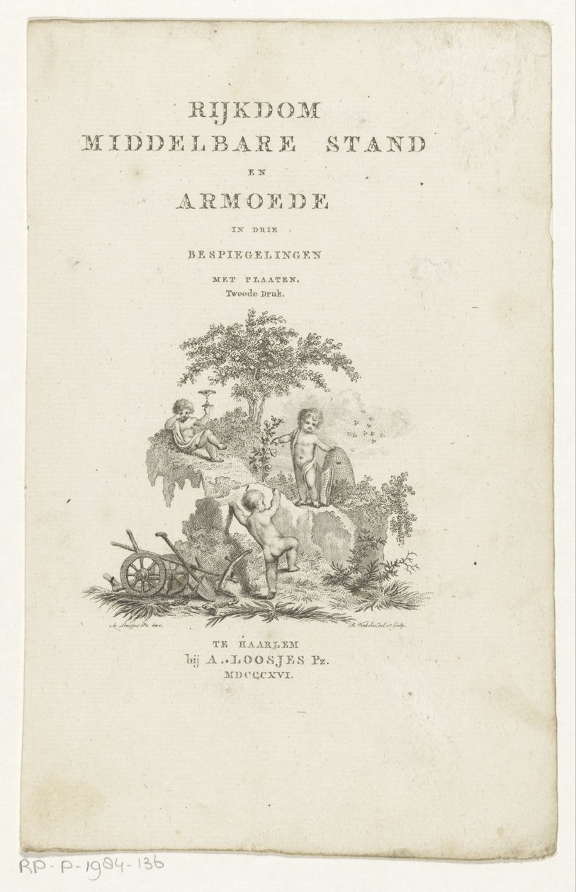 Tre putti med attributter i et fjellandskap Tittelside for: Adriaan Pietersz. Loosjes, Middelklassens rikdom og fattigdom i tre refleksjoner, 1816 av Reinier Vinkeles (I)
