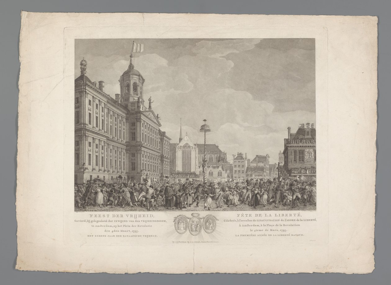 Frihetsfesten på Dam-plassen i Amsterdam, 4. mars 1795 Frihetsfesten, feiret, i anledning innvielsen av frihetstreet, i Amsterdam, på revolusjonsplassen, 4. mars 1795. Det første året for den bataviske friheten / Fête de la L av Reinier Vinkeles (I)