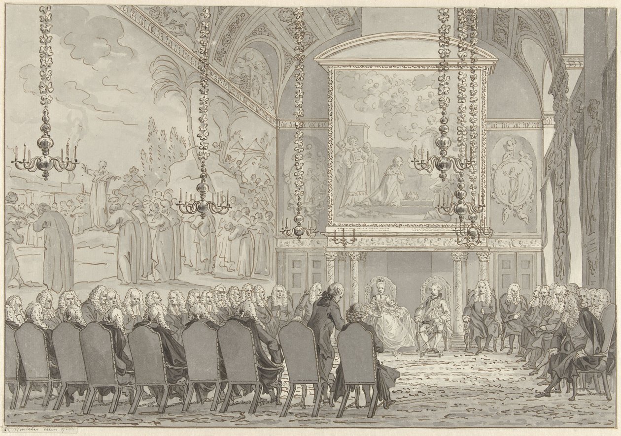Mottakelse av prins William V og Wilhelmina av Preussen i rådhuset i rådhuset i Amsterdam av Reinier Vinkeles (I)