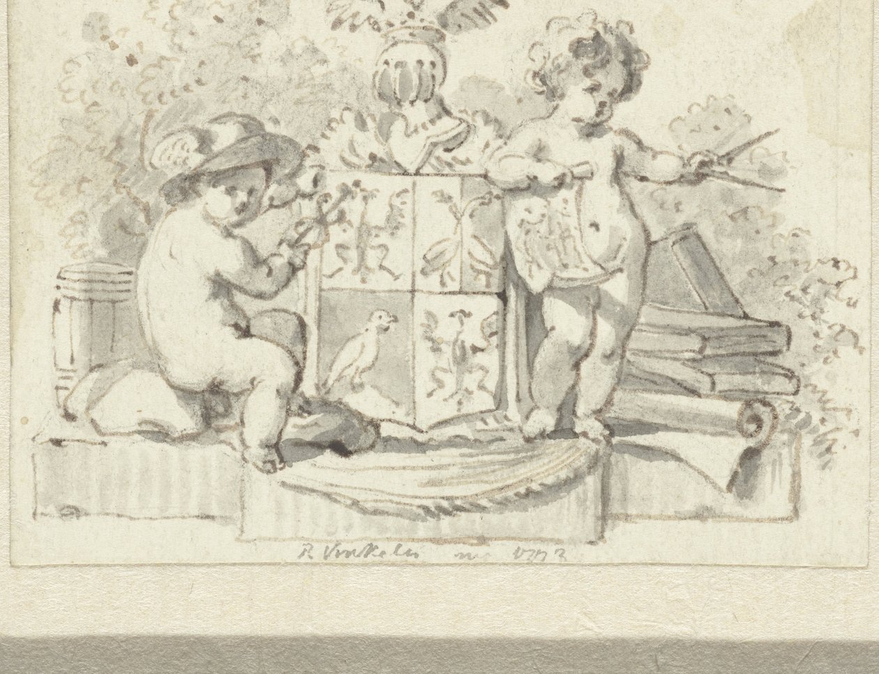 To putti, med kompass og aesculap, ved familievåpenet Schoemaker av Reinier Vinkeles (I)