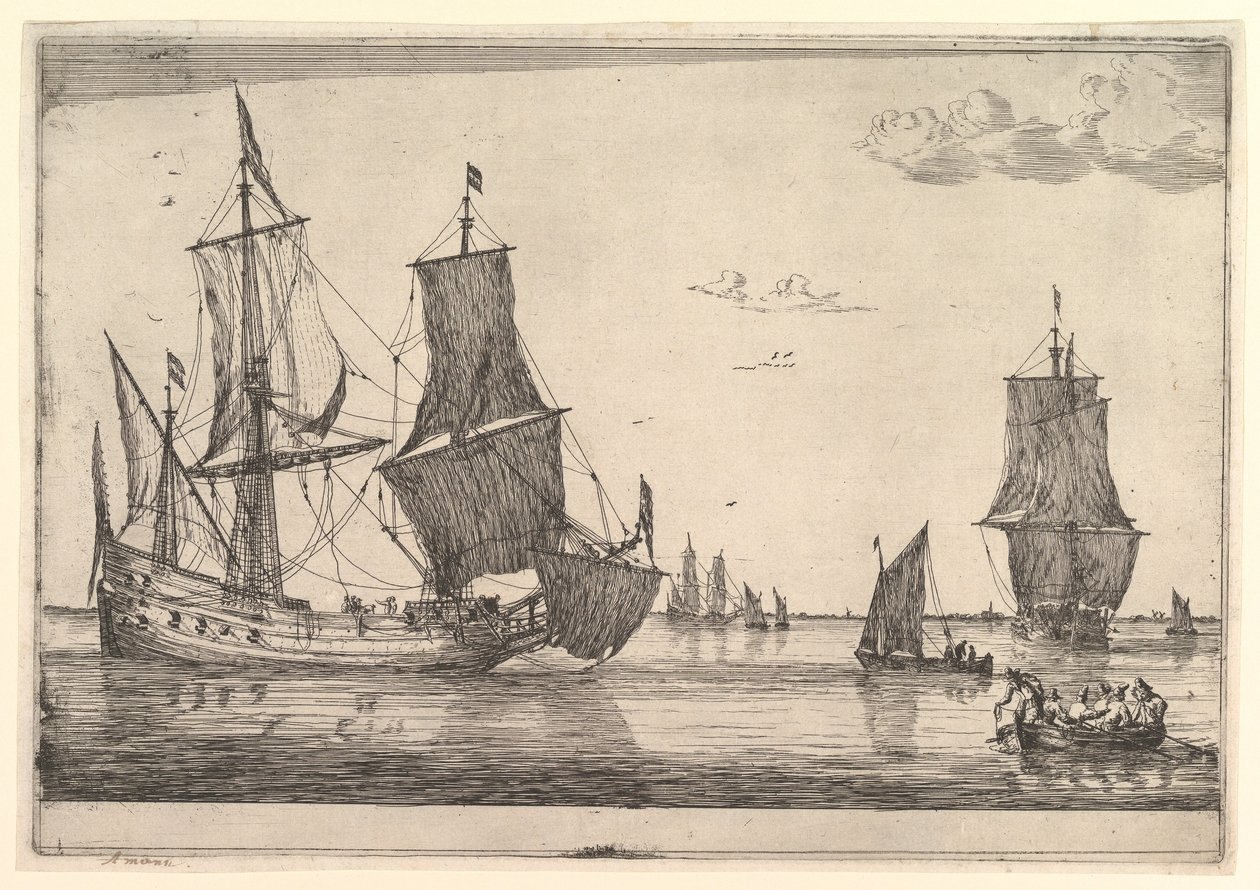 Stort seilfartøy og robåt, 1600-tallet. av Reinier Zeeman