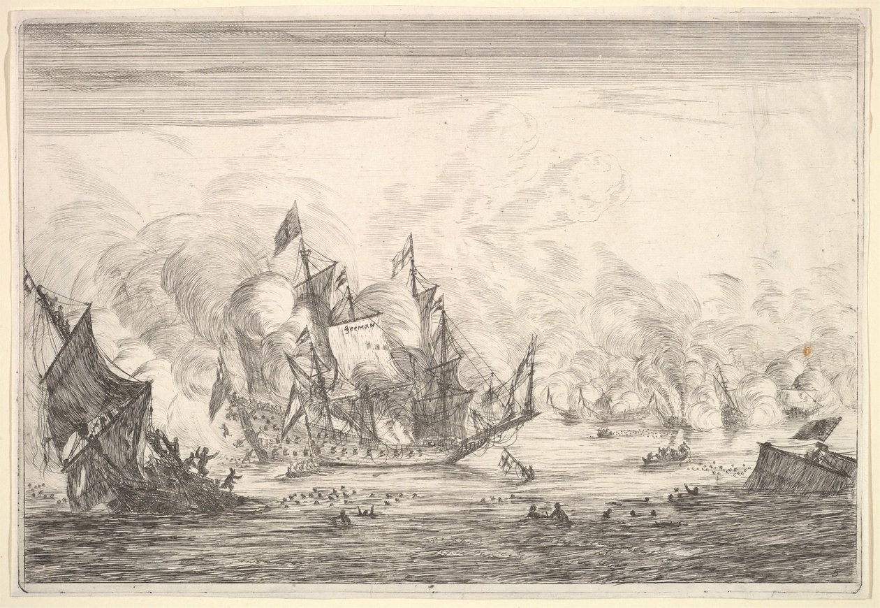 Sjøslag med en engelsk skipsgrunnlegger til venstre, fra Naval Battles Nieuwe Sc..., 1652-54. av Reinier Zeeman