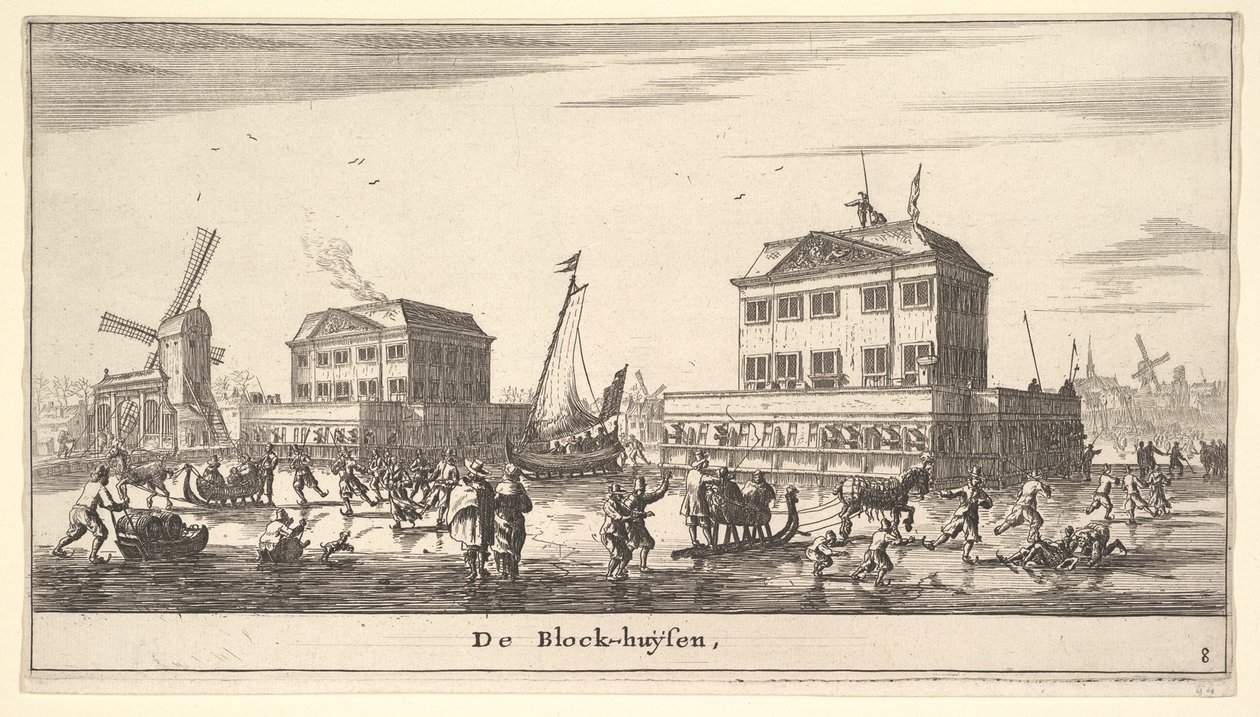 Vinterscene ved blokkhuset i Amsterdam, 1600-tallet. av Reinier Zeeman
