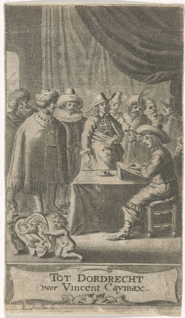Kjøpmann ved skrivebord Tittelside for: J. van der Does e.a., Verscheyde voyagien, ofte reysen, 1652 av Reinier van Persijn