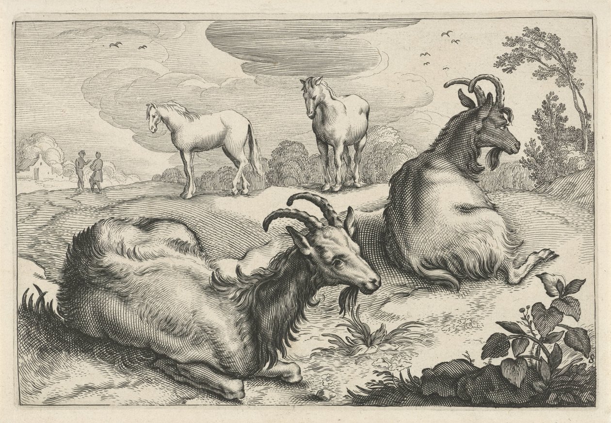 Landskap med to geiter og to hester Diversa Animalia Quadrupedia (serietittel) av Reinier van Persijn