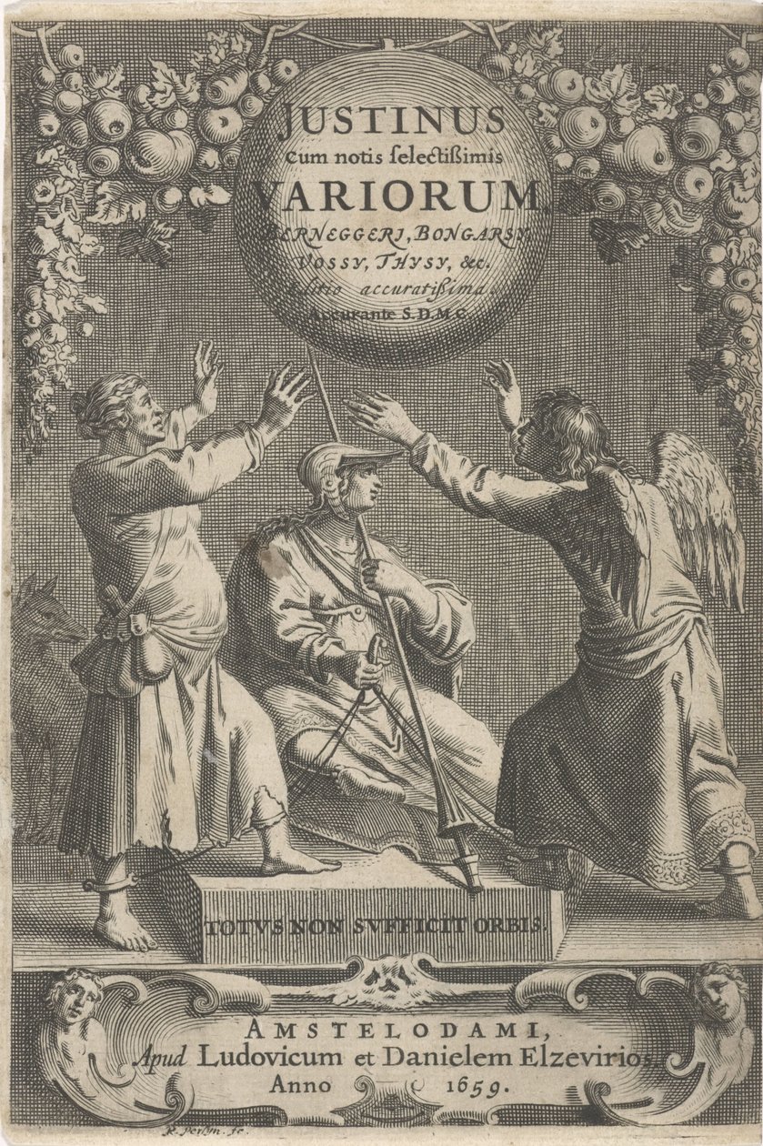 Minerva en twee geketende figurer Tittelside for: A. Thysius, Justinus cum notis selectissimis variorum Berneggerj, Bongarsy, Vossy, Thysy, &c, 1659 av Reinier van Persijn
