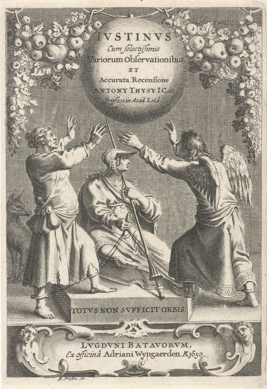 Minerva en twee geketende figurer Tittelside for: A. Thysius, Justinus med de mest utvalgte forskjellige observasjonene og en detaljert gjennomgang, 1650 av Reinier van Persijn