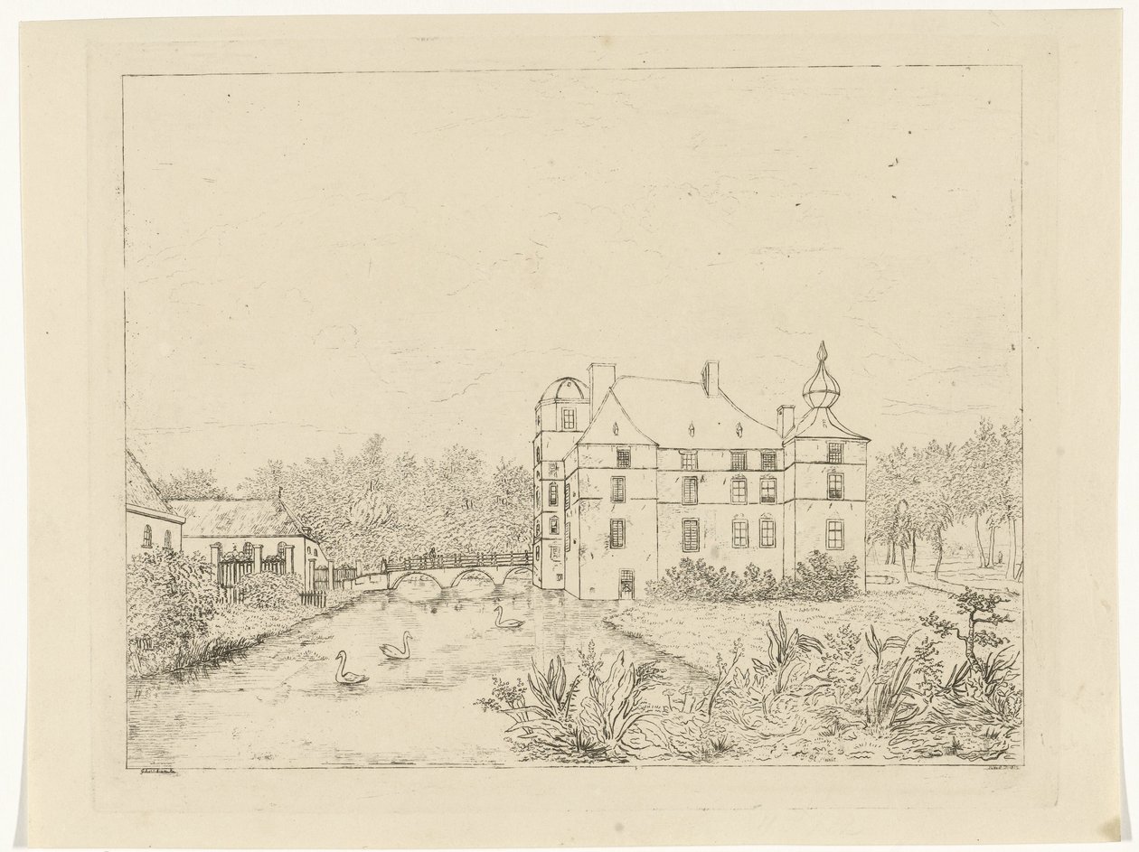 Sidevisning av Cannenburch-slottet med hus ved inngangsbroen av Reinierus Albertus Ludovicus baron van Isendoorn à Blois