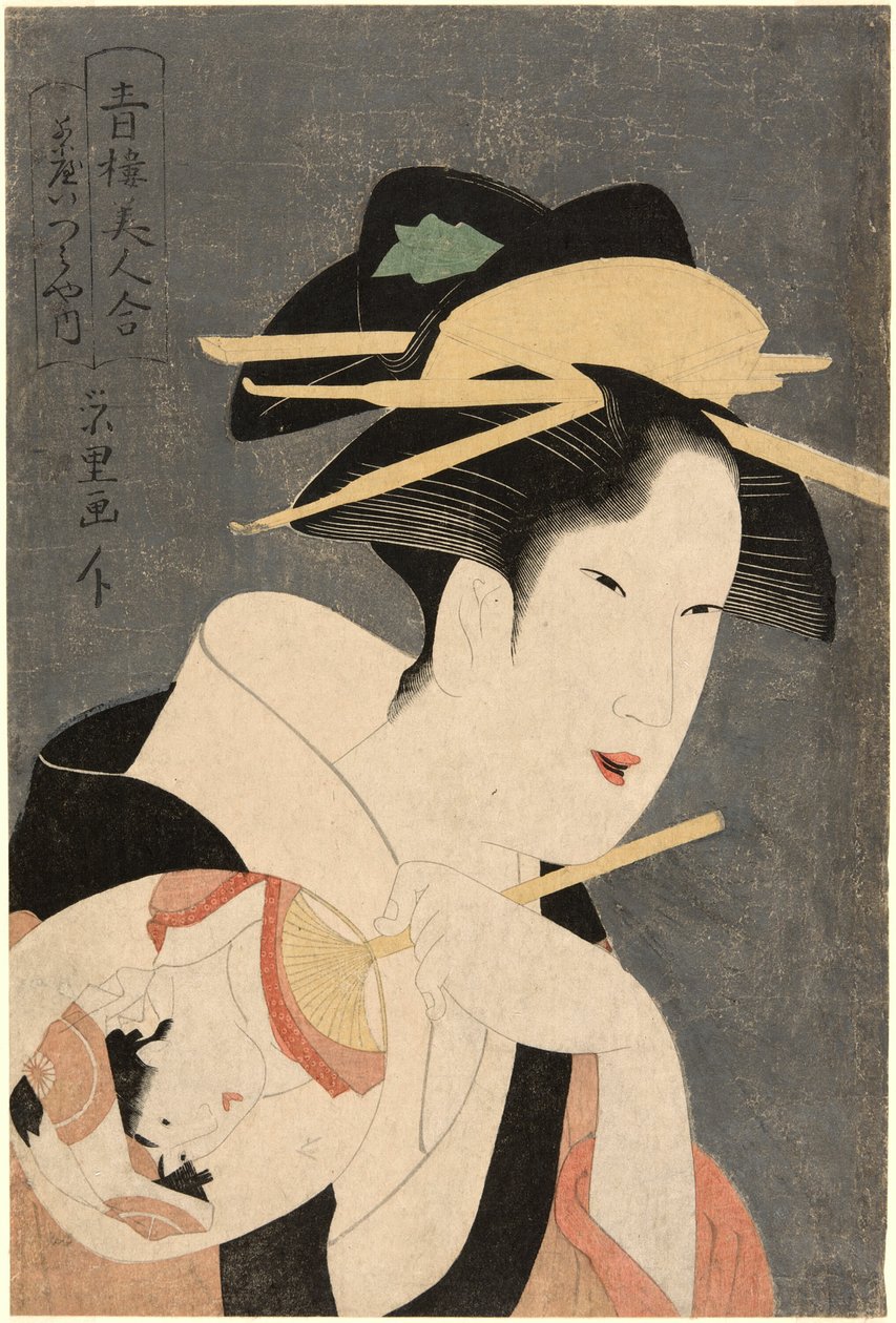 Beauties of the Pleasure Quarters (Seiro bijin awase): vertinnen til Izumiya Teahouse av Rekisentei Eiri