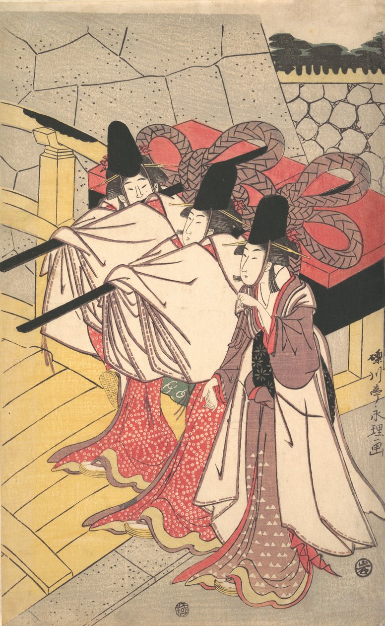 Prins Genji vender tilbake til palasset hans hvor kona venter på ham, ca. 1797., ca. 1797. av Rekisentei Eiri