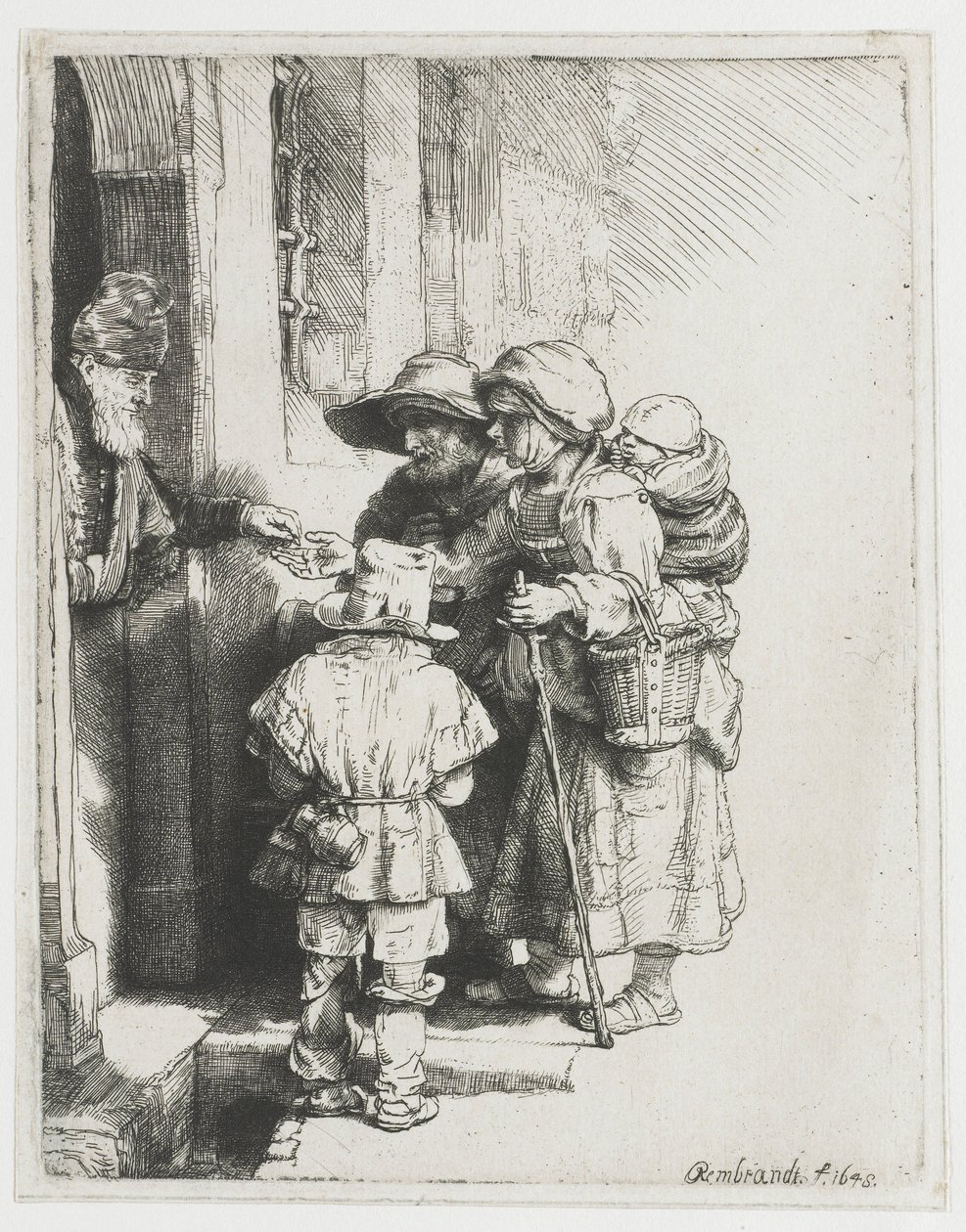 En blind, robust spiller og familie som mottar almisser av Rembrandt van Rijn