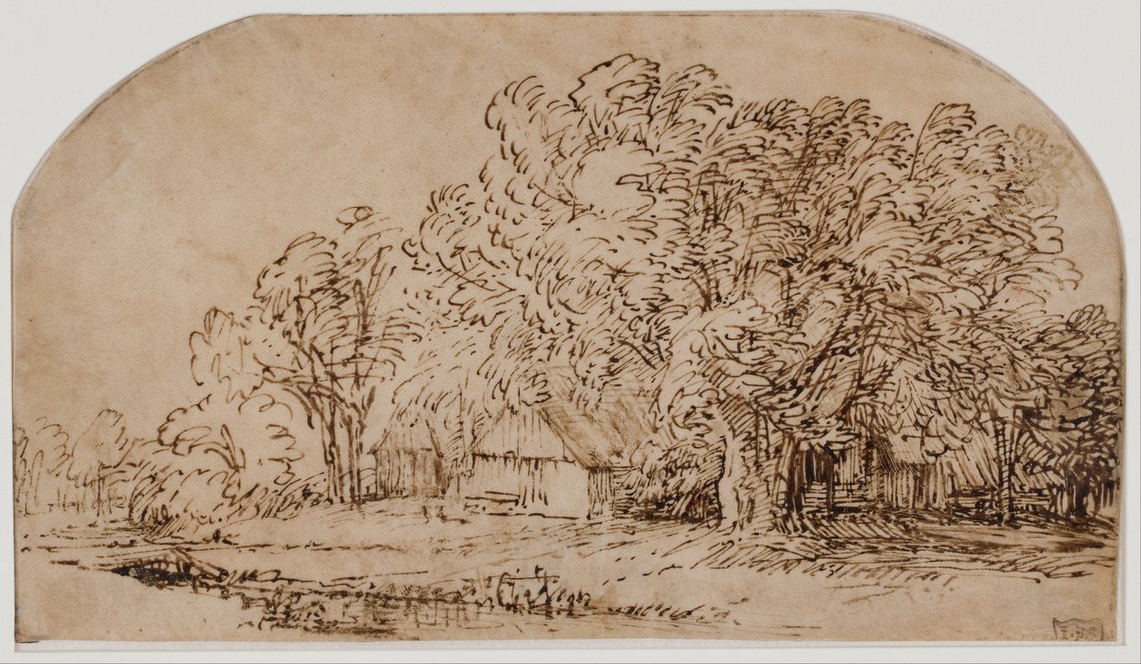 Landskap med hytter under høye trær av Rembrandt van Rijn