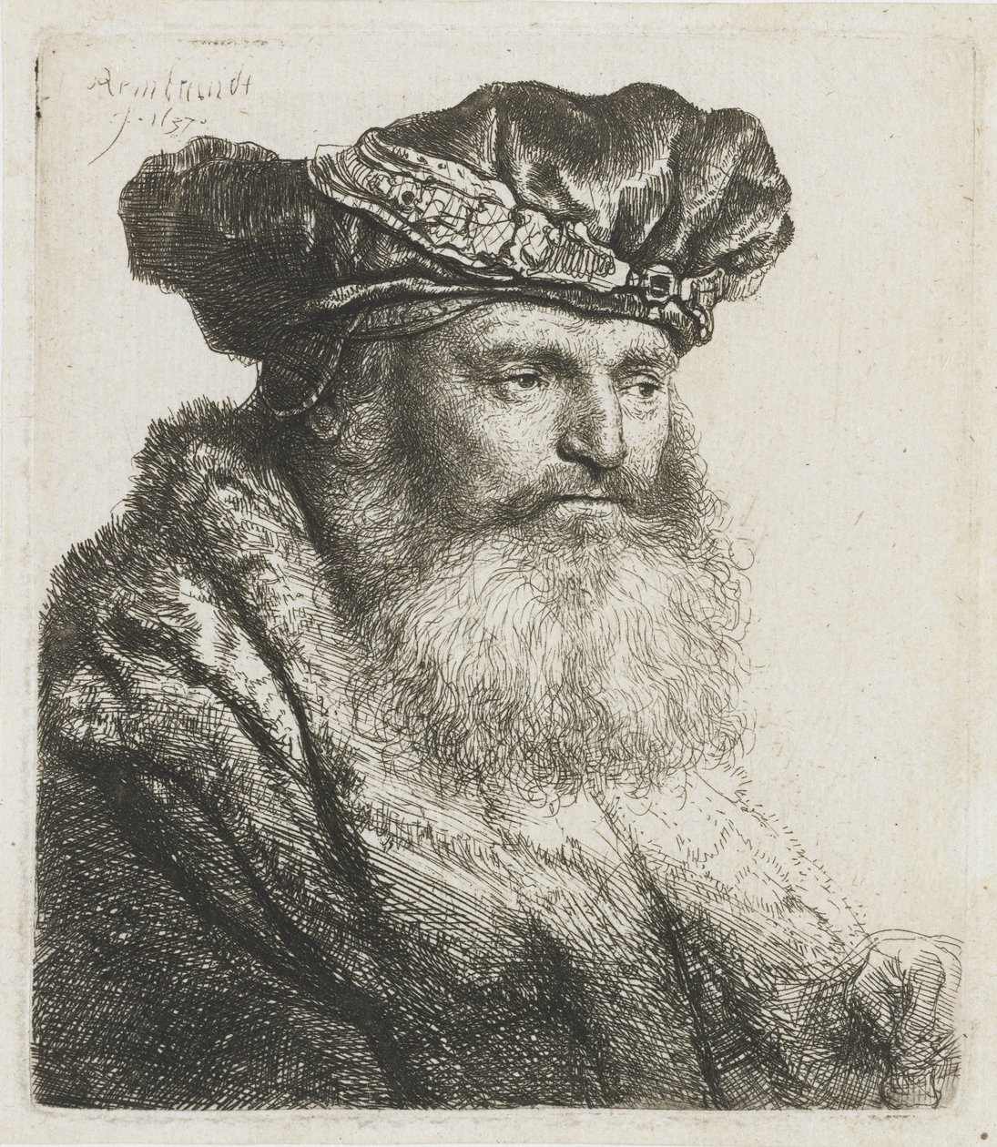Skjeggete mann i en beret i fløyel med en juvellås, 1637 av Rembrandt van Rijn