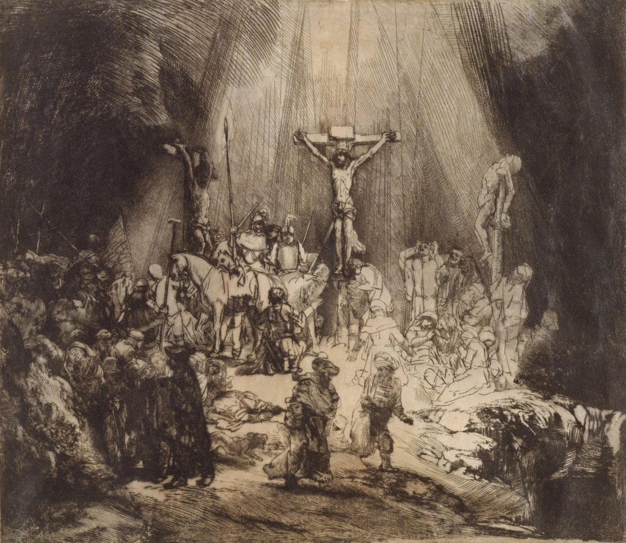Kristus korsfestet mellom de to tyvene: De tre korsene, 1653 av Rembrandt van Rijn