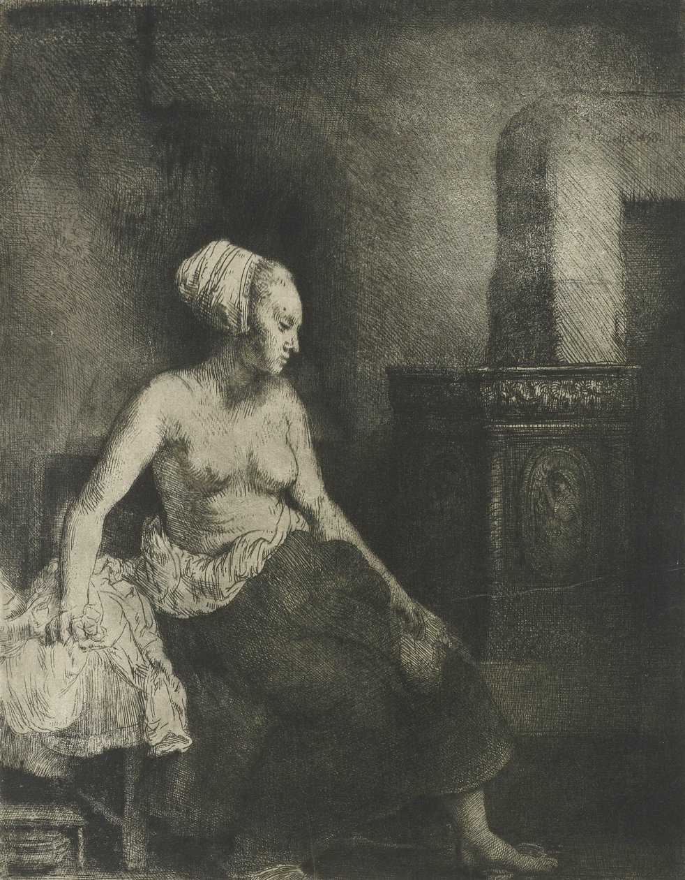 Halvnaken kvinne ved en komfyr, 1658 av Rembrandt van Rijn