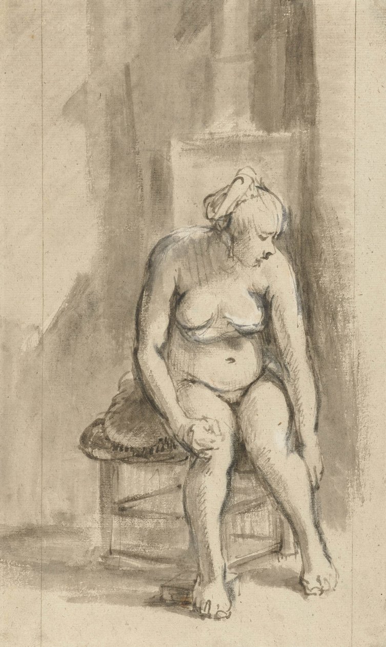Naken kvinne sitter ved en komfyr, ca. 1660-62 av Rembrandt van Rijn