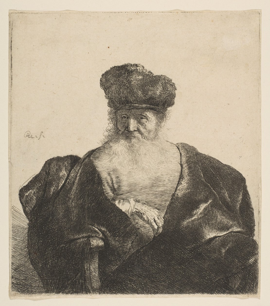 Gammel mann med skjegg, pelshatt og fløyelskappe, ca. 1631 av Rembrandt van Rijn